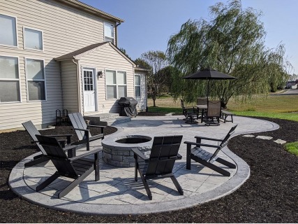 Majestic Ashlar Slate stamped concrete with Pewter integral, Storm Gray release and Cape Cod hardener border in McCordsville Indiana – Indy Decorative Concrete