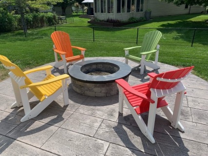 16-inch Gilpins Falls Bridge Plank stamped concrete with Mocha Brown integral, Charcoal release and wood-burning fire pit with custom top cap – Indy Decorative Concrete