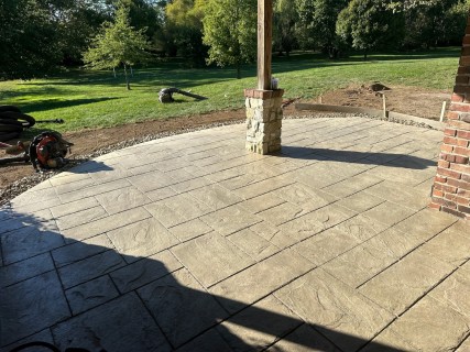 Majestic Ashlar stamped concrete with Lanon Stone integral and Smoke release in Carmel Indiana – Indy Decorative Concrete