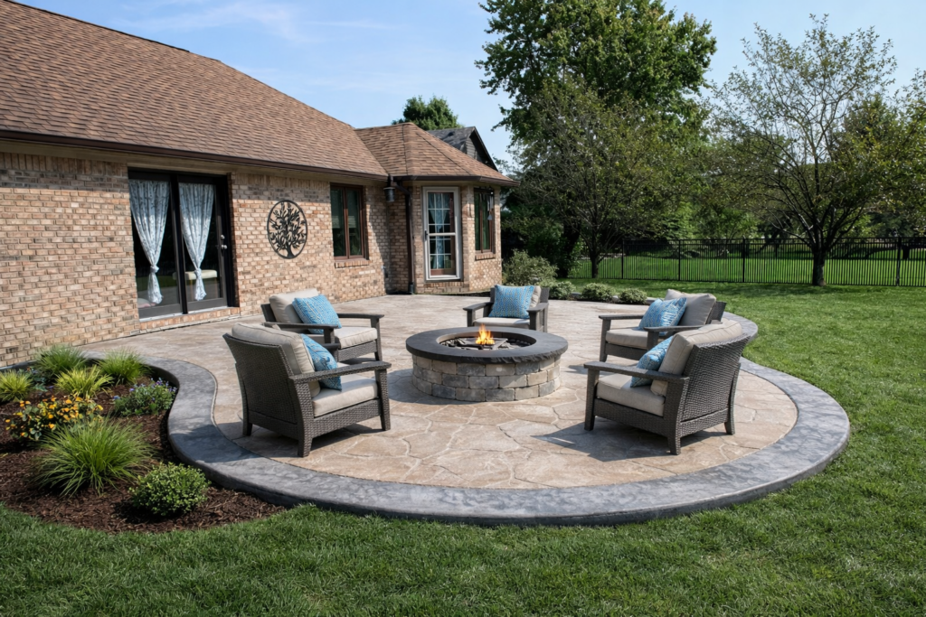 Majestic Ashlar stamped concrete patio with Autumn Oak integral color, smoke release, and a storm gray hardener border.
